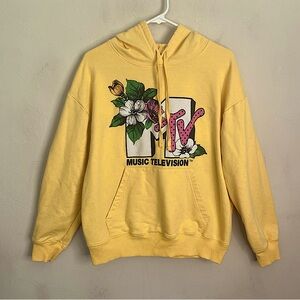 Women's Yellow MTV 80s Sweatshirt Viacom floral hoodie long sleeve grunge music
